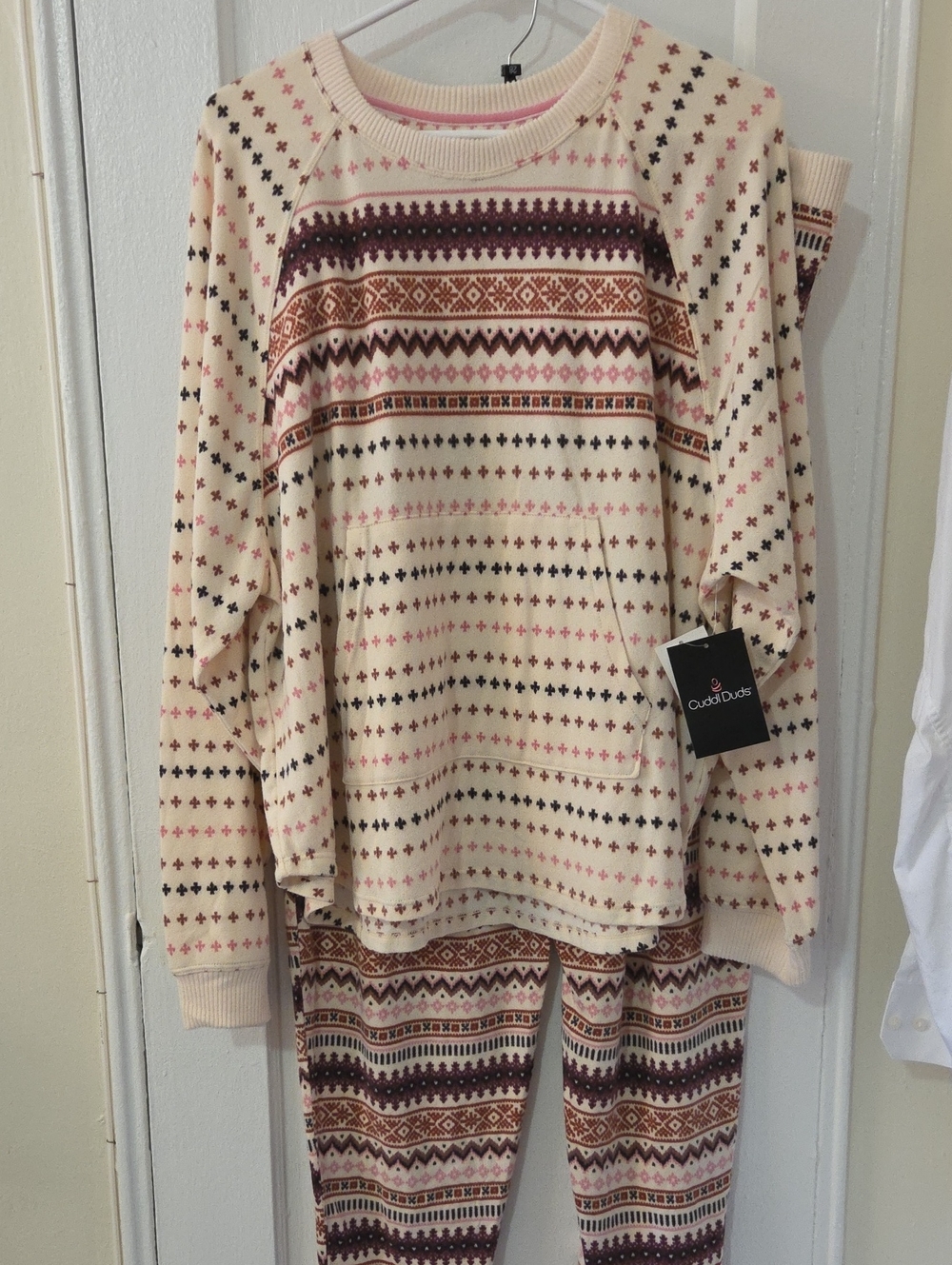Cuddl Duds NWT Cream Fair Isle Crewneck PJ Set with Pink & Brown Accents XXL